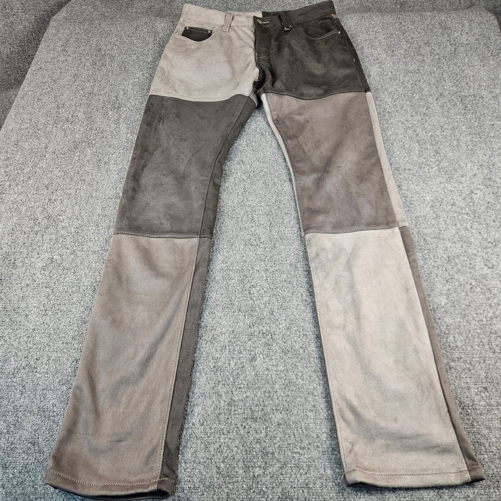 MNML Faux Suede Patchwork Pants Grey‎ Charcoal Button Fly Mens 32 Straight Leg
